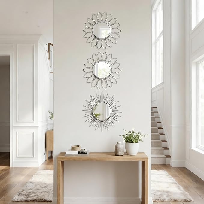 Boho Sunburst Wall Mirror Set of 3, 12 Inch Round Antique & Modern Metal Wall Art, Hanging Over The Door Mirrors for Wall Decor in Living Room, Bedroom, Bathroom, Entryway（Sliver） - Image 3