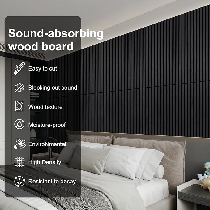 Wood Panels for Wall Acoustic Slat Wall Panels 4-Piece 47.2"×23.6" 3D Fluted Sound Absorbing Panel for Interior Wall Decor and Ceiling - Black - Image 2