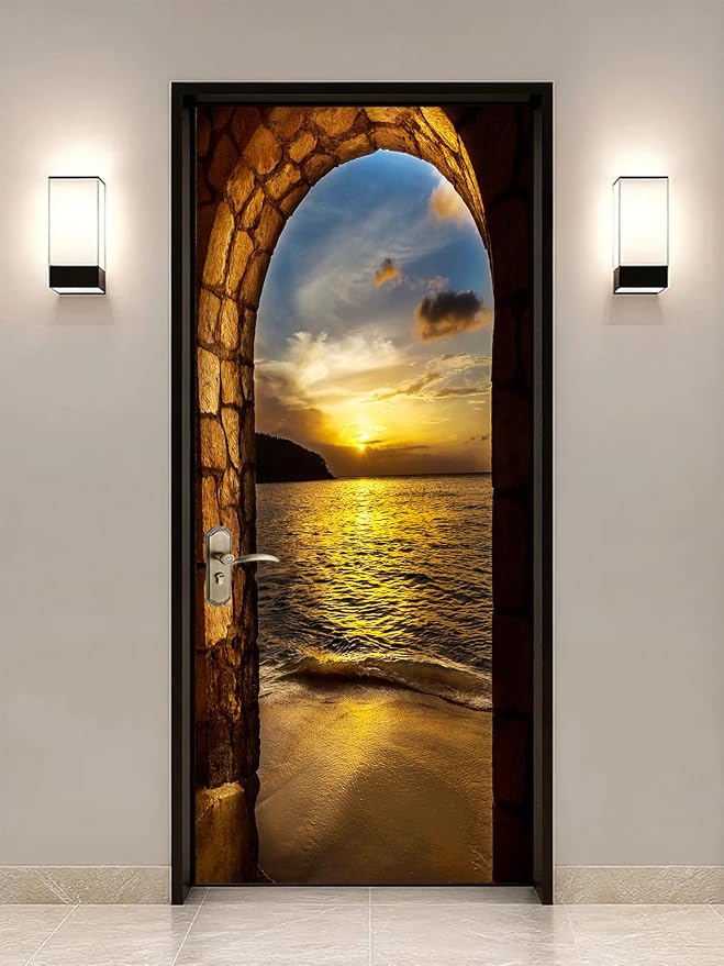 artfanke 3D Door Sticker Peel and Stick 33.5"x84.6"-Self-Adhesive Door Murals Wallpaper - Sunset Beach Arch Ocean Wall Decals Waterproof for Bedroom Decor (2 Sheets/Set) - Image 6