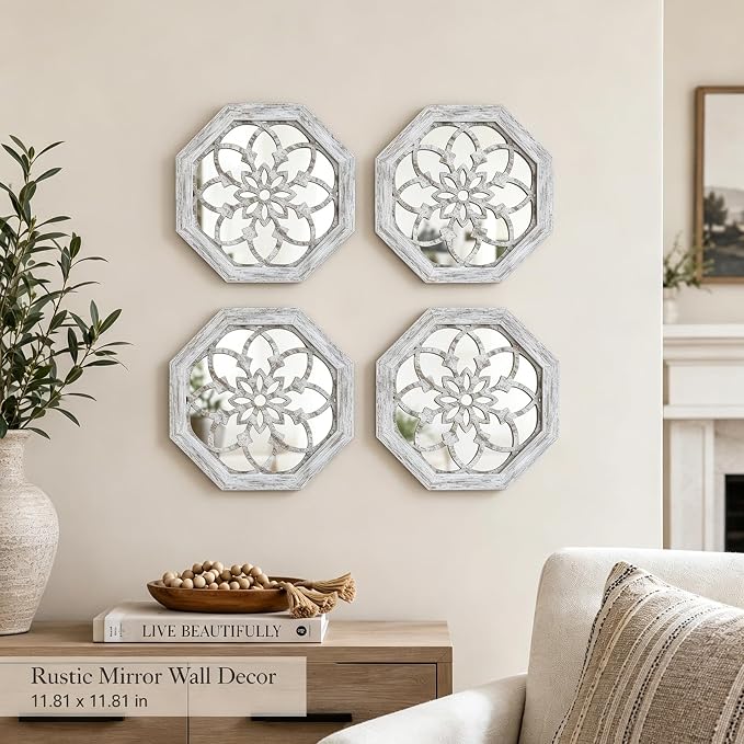 4 Pack 12 Inch Octagon Grey Rustic Wood Frame Acrylic Wall Mirrors, Farmhouse Boho Wall Art Decor for Living Room, Bedroom, Hallway, Entryway, Bathroom & Office - Image 2