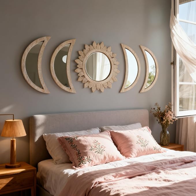 5 Pieces Moon Phase Mirror Wall-Mounted Wall Decor Mirrors Natural Wooden Sunburst Bohemian Wall Art for Home Living Room Bedroom Decoration - Image 6