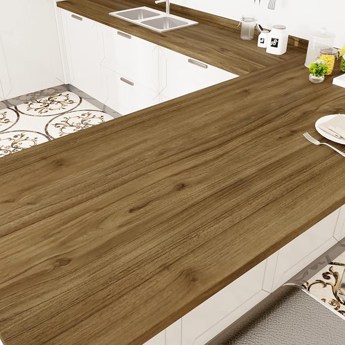 WESTICK Brown Wood Contact Paper Waterproof Kitchen Countertop Peel and Stick Wood Wallpaper Self Adhesive Wood Vinyl Wrap Removable Wood Grain Contact Paper for Cabinets Tables Desk 15.8" x 196" by WESTICK