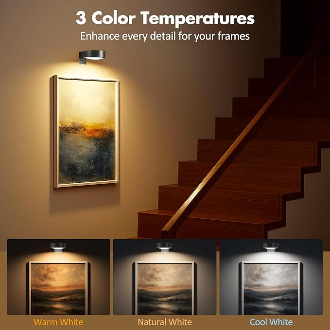 Picture Lights for Wall, Wireless Poster Lights Battery Operated, Black | LED Magnetic Painting Light with Remote Dimmable, Timer＆3 Lighting Modes, Art Display Puck Light for Frame Portrait, 6 Pack - Image 2