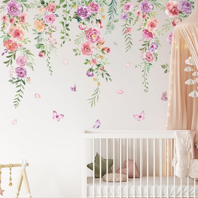 Zonon 6 Pcs Flower Wall Decals Peel and Stick Sticker, Pink Purple Flower | Vinyl Removable Wall Stickers & Mural, Pink Rose Butterfly Wall Decals, Purple Floral Decor for Bedroom, Living Room, Nursery by Zonon