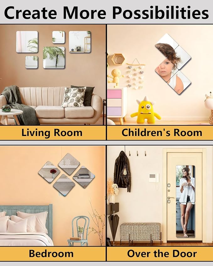 Shatterproof Wall Mirror Full Length for Bedroom, Acrylic Gym Mirrors For Home, Extra Thick: 0.1 inch, 10 x 10 inch x 4 Pcs, Workout Mirrors Safe for Kids, Over The Door, Long Wall Mounted - Image 4