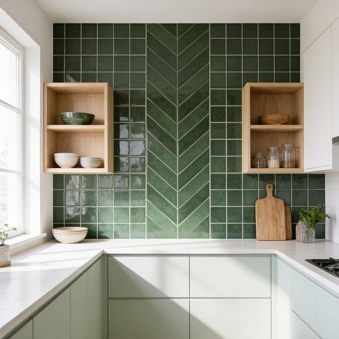 Select 5 Pack Peel and Stick Backsplash Chevron Tiles, 12x12 in, Green | Extra Thick 3D Wall Panels, Heat & Water Resistant, Easy DIY Kitchen, Bathroom, Laundry, Fireplace & Rental Home Wall Décor - Image 5