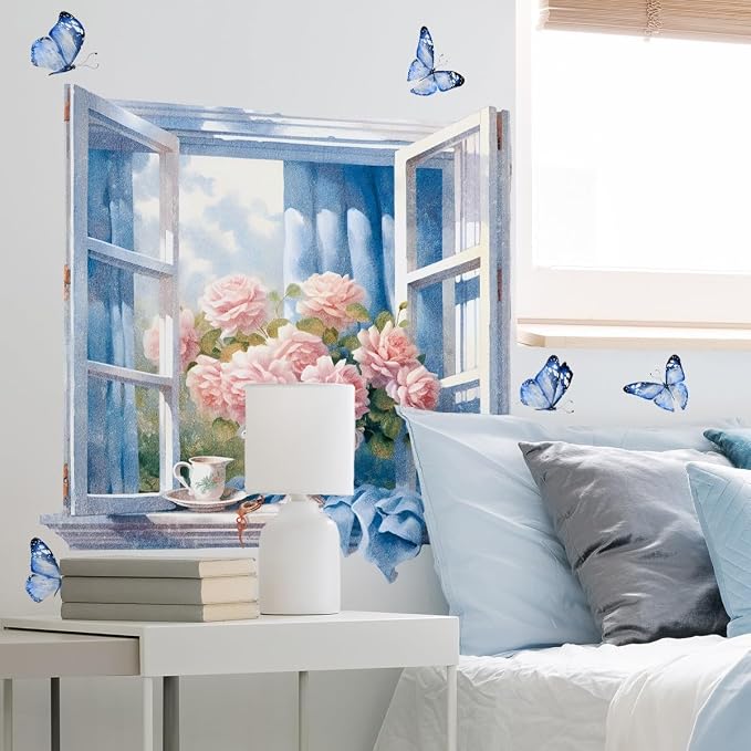 3D Window View Wall Decal - Faux Open Window with Pink Roses and Blue Butterflies, Peel and Stick Removable Wall Mural for Bedroom, Living Room, Nursery, Home Office Decor - Image 2