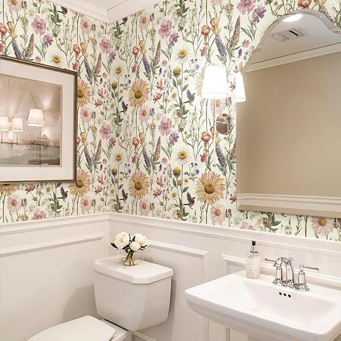 Livebor Floral Peel and Stick Wallpaper for Bathroom 16.9inch x 590.5inch | Floral Bird Contact Paper Vintage Flower Wallpaper Peel and Stick Self Adhesive Waterproof Flower Decorative Wall Paper Vinyl - Image 6