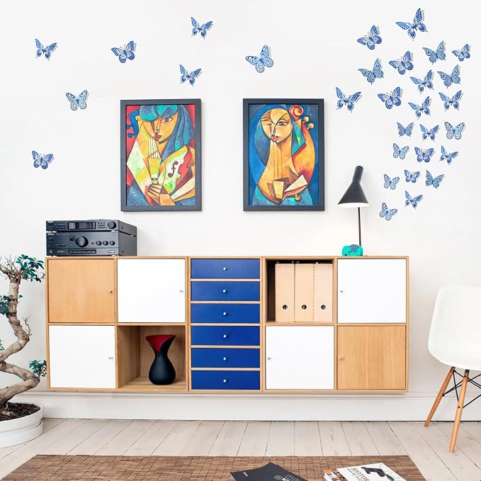 SAOROPEB Butterfly Wall Stickers, 48 Pcs 4 Styles 3 Sizes, Metallic Paper, Removable, Navy Blue, Art Deco Decor for Wall | 4 Styles 3 Sizes, Butterfly Birthday Decorations Butterfly Party Decorations Cake Decorations, Removable Stickers - Image 3