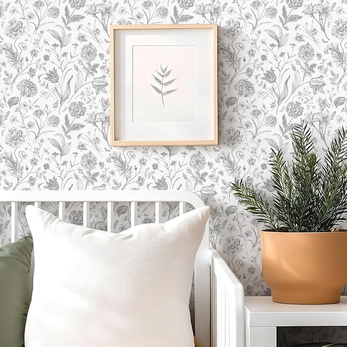 White Grey Vintage Floral Peel and Stick Wallpaper 17in x 118in | Floral Wallpaper Boho Removable Contact Paper Botanical Self Adhesive Decor Flower Wall Paper for Cabinets Bathroom - Image 8