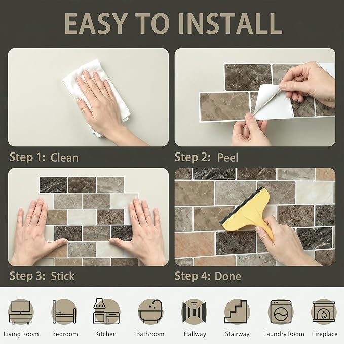 Arttown Peel and Stick 3D Wall Backsplash, 10-Sheet, 12" × 12" Brown Tan | Subway Tiles Self Adhesive Thicker Design Wall Tile Panel Wallpaper for Kitchen Balcony Bathroom Rental Housing - Image 7