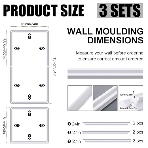 Pangda 3set Peel and Stick Wall Molding Kit 3D Premade, 24x54in | Accent Wall Moulding Kit, Wainscoting Panel, for Interior Decor, Ready to Assemble, Peel and Stick, Wainscoting Accent Panel - Image 2