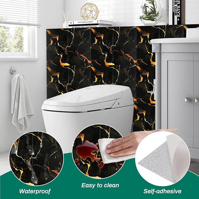 12pcs Black and Gold Peel and Stick Tiles, PVC Wall Panels for Backsplash | 23.6"x11.8", Waterproof, Renter-friendly Wall Tile for Kitchen, Bathroom, Shower, Laundry Room (Not Real Tile, Not for Floor) - Image 7