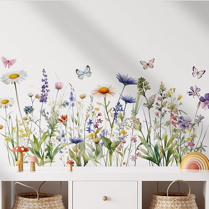 Wildflower Grass Daisy Wall Decals, Garden Floral Butterflies Flower Wall Stickers, BWCXXZH Self-Adhesive Wall Art Stickers for Girls Bedroom Living Room Nursery Decor - Image 6