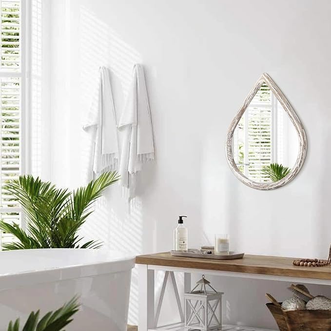 Small Teardrop Mirror Rustic White Wood Frame Mirror Farmhouse Hanging Mirror for Wall, Bathroom, Living Room, Entryway, Hallway - Image 7
