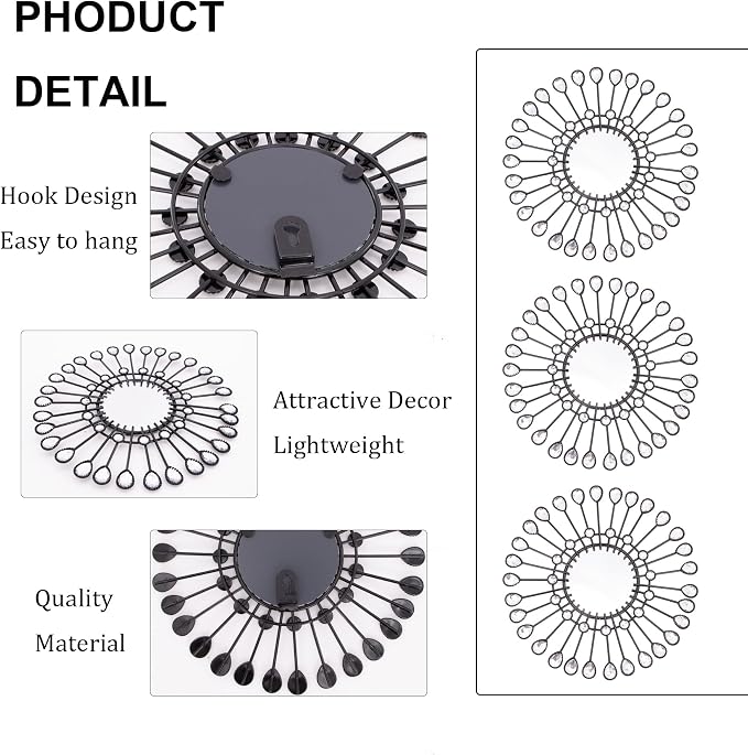 Black Mirrors 3 Piece,Sunburst Mirror Hanging Wall Decor,9inch indoor Adorn - Image 2