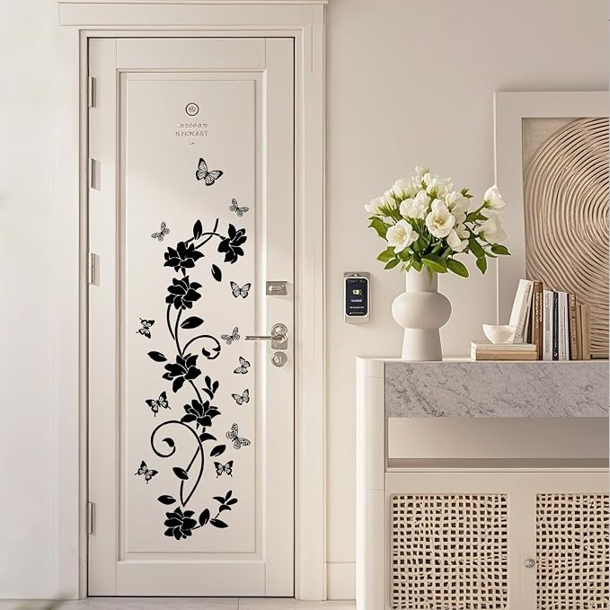 Black Flower Wall Stickers, Vines & Butterfly Wall Decals Peel and Stick | Removable Art Decoration for Bathroom Living Room Bedroom Door Murals - Image 7