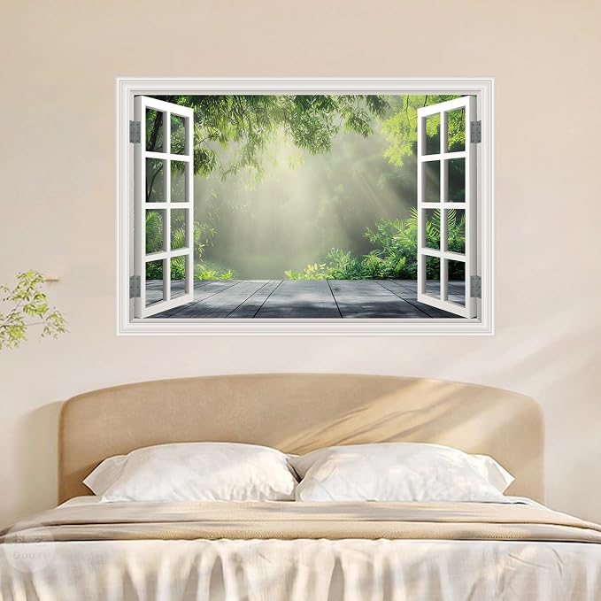 Fake Window Poster Wall Decal - Morning Green Forest Faux Window Wall Mural Prints for Wall Decor, Peel and Stick Wall Sticker 48" x 32" Set of 2 Sheets - Image 3
