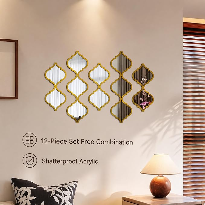 12Pcs Acrylic Mirrors for Wall Decor - Moroccan Wall Stickers Yellow - Image 6