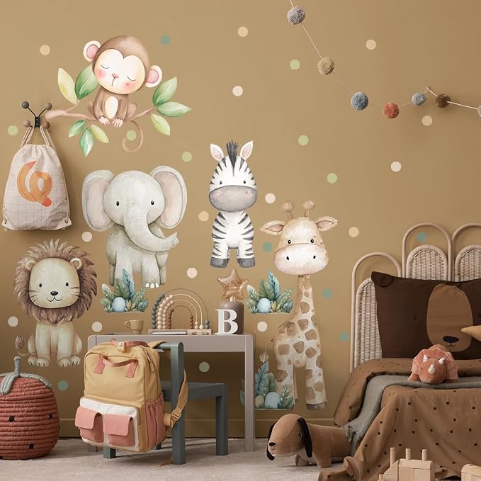 Safari Animals Nursery Wall Decal, Peel and Stick Nursery Mural Jungle Animals Lion, Elephant Wall Stickers for Kids, Boys and Girls Room, Bedroom & Toddler Room Decor (Boho Animal Dot Decals 59) - Image 7