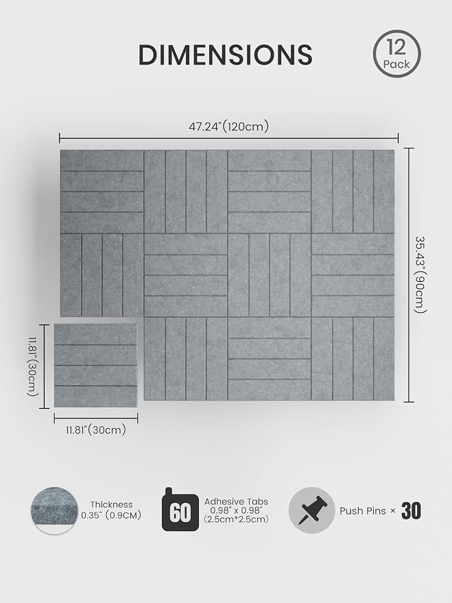 Bumusty 48"x 36" Large Felt Bulletin Board Tiles, Blue Gray | 12-Pack Cork Board Alternative, Wall Decor, 30 Pushpins, 60 Adhesive Tabs, Vision Board, Office, Classroom, Home, Dorm - Image 2