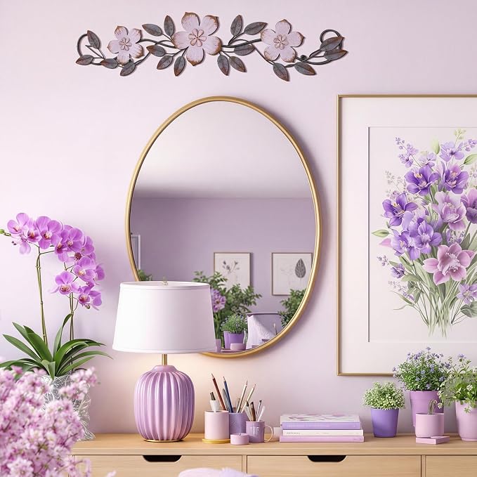 Wesiti Metal Flower Wall Decor Wrought Iron Scroll 15.7x3.7,Purple | Vintage Metal Flower decor,Farmhouse Leaf Art with Nails, Flat Not 3D Design, For Bedroom Kitchen Indoor Outdoor Wall Decor - Image 3