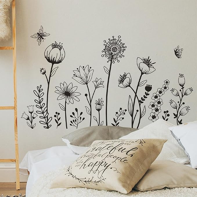 Black Boho Wall Decal Simple Sketch Flower Wall Stickers, Floral Wildflower Sticker Dandelion Peel Stick Wall Art Decor Bedroom Home Room Office Garden Hall Adult Gifts for Mom - Image 2