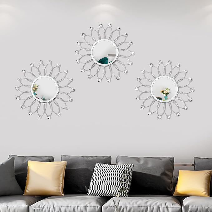3 Pack Metal Mirrors for Wall Sunburst Wall Mirrors Home Décor Decorative Hanging Wall Art for Living Room Bedroom Entryway (Silver Crystal, Flowers) - Image 3