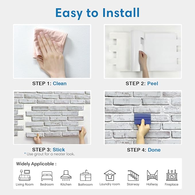 COMSTICKC 3D Faux Brick Wall Panels Peel and Stick, 12 Pcs 22.8" x 11.8" | Whitewash, Not Real Brick, Thin PVC 3D Fake Brick Decorative Tiles Wall Covering for Interior Easy DIY, Cover 22.48 sq ft - Image 8