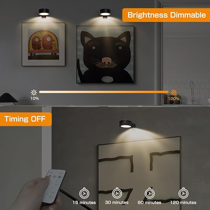 2-Pack Picture Light for Paintings Battery Operated Art Light with Remotes,3 Lighting Display Light,Magnetic Dimmable and Timer Wall Light for Picture Artworking Frame Portrait,LED Puck Lights-Black | 3 Lighting Display Light,Magnetic Dimmable and Time... - Image 3