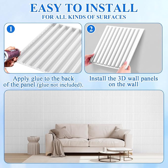 Nuanchu 32 Pcs 3D Wall Panels, 12"x12" PVC Fluted Tiles, White | Waterproof Accent Panels, Paintable Wall Tiles, for TV Background, Bedroom, Bathroom, Gaming Room, Cuttable Home DIY Decor - Image 4