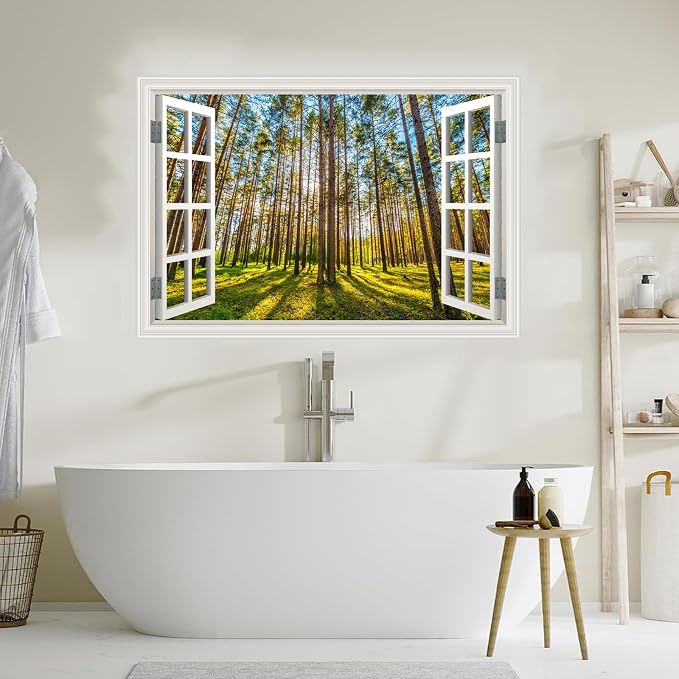 Fake Window Wall Decal- Morning Sunlight in The Forest Open Wall Sticker | Faux Window Natural Scenery Landscape Mural｜ Stick and Peel Decals｜for Home Room Bedroom Office Scene Picture Decor｜24"x16" - Image 6