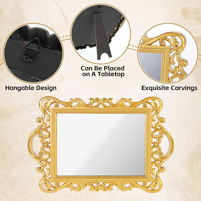 YEXEXINM 3 Styles Vintage Gold Mirror Set Decorative Antique Mirrors for Wall Hanging Vanity Table Mirrors with Stand Resin Frame Retro Mirror for Living Room, Bedroom, Dresser & Photography Decor - Image 3