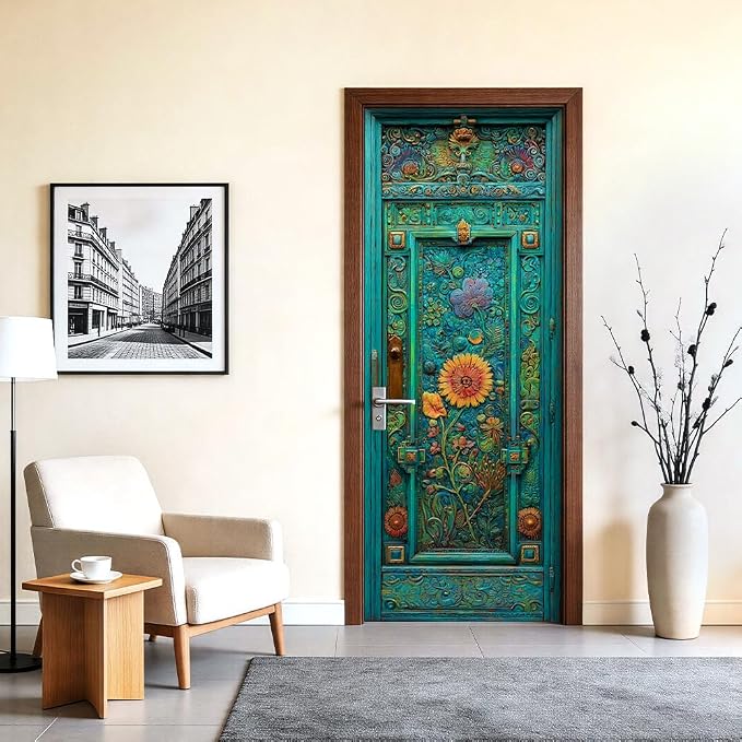 Vintage Floral Door Mural, Teal Ornate Door Decor | Waterproof PVC, 30.3" W x 78.7" L; turquoise floral design for entryway, bedroom, living room or office doors. - Image 2
