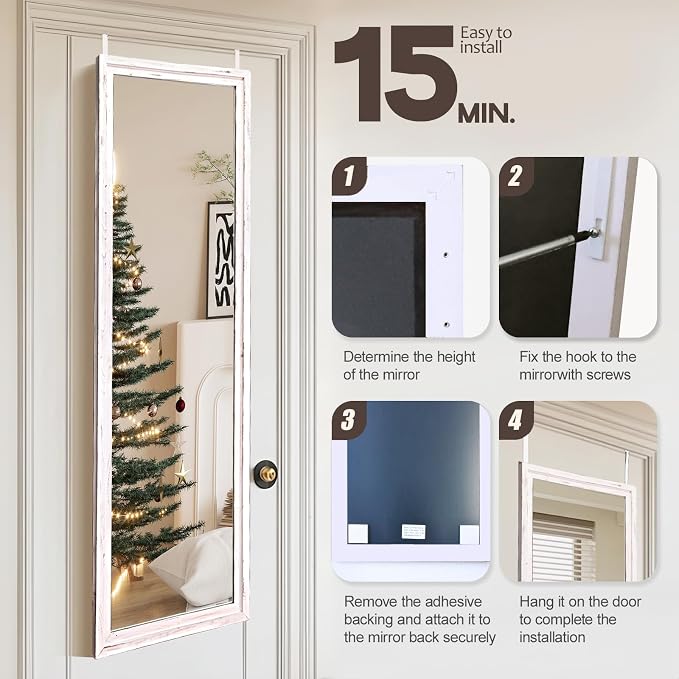 48"x14" Door Mirror, Rustic Full Length Mirror, Over The Door Hanging Mirrors Full Length, Wooden Hanging Mirrors for Bedroom, Bathroom, White - Image 6