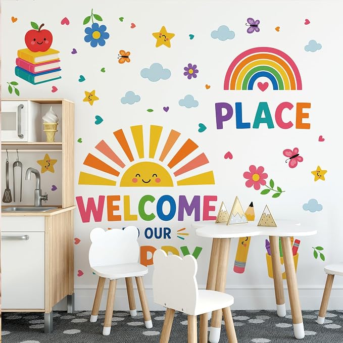 Boho Sun Wall Decal Watercolor Modern Half Sun Wall Decal Sun Rainbow Pencil Wall Stickers Vinyl Sticker for Classroom Playroom Bedroom Wall Decor by Denylopro