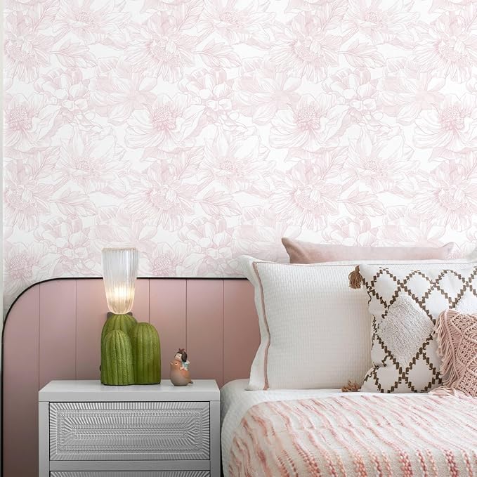 Ismoon Large Floral Peel and Stick Wallpaper Boho White/Pink Contact Paper 17.3inx16.3ft Removable Self Adhesive Bedroom Cabinet Mural Wall Decor Vinyl Roll - Image 3