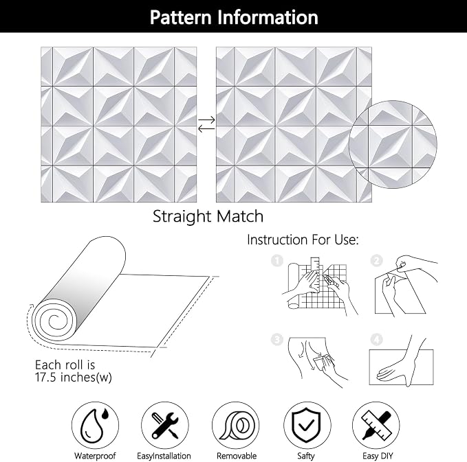 YENHOME Modern White 3D Geometric Peel and Stick Wallpaper 17.5"X118" Embossed Self-Adhesive Wall Panels Tear-Resistant Removable Vinyl for Living Room, Bathroom, Cabinet Renter Friendly Decor - Image 8