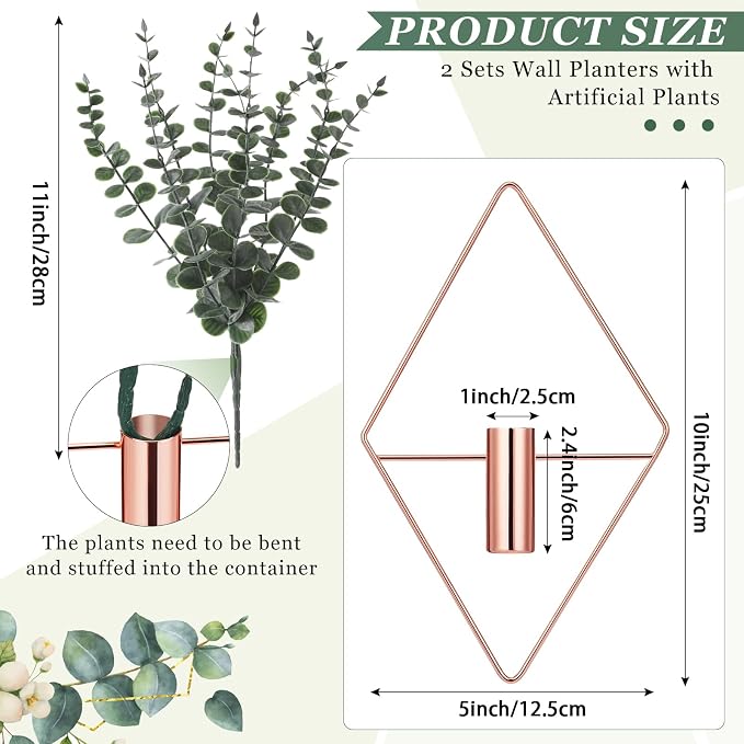 Jexine 8 Pcs Hanging Artificial Planters Wall Decor, Rose Gold, Eucalyptus | Bathroom Wall Decor, Geometric Metal Vase, Indoor Plants, Living Room, Home Office, Entryway, Boho Accent, Wall Mounted - Image 2