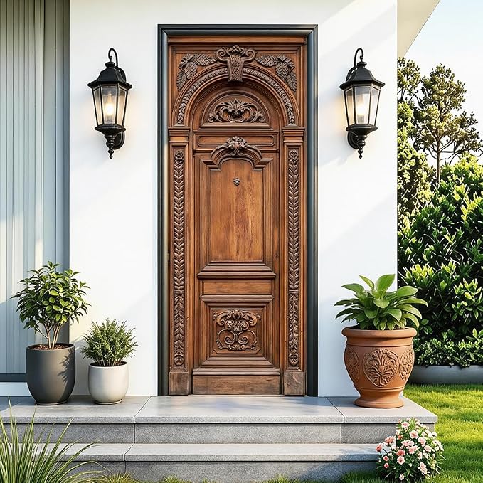 Vintage Wooden Door Mural, Classic Carved Door Decor | Peel-and-stick vinyl door decal, self-adhesive home decor wallpaper, 30.3" W x 78.7" L, 2-pack by Cmialusie