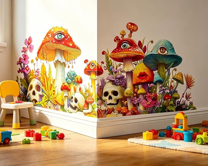 Psychedelic Skull Magic Mushroom Wall Decals, Floral Flower Wall Stickers | Hippie skull peel and stick removable flowers vinyl wall decor mural art for bedroom living room classroom office - Image 3