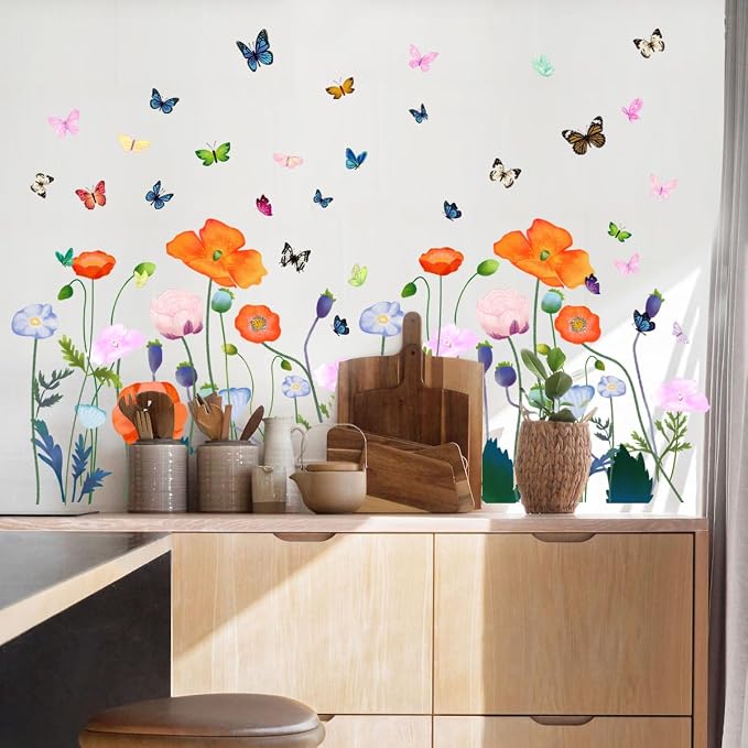 6 Pieces Flowers Wall Decals Vinyl Flowers Wall Stickers Removable Floral Murals Peel and Stick Colorful Flower Decor for Girls Bedroom Living Room Nursery (Orange) - Image 3