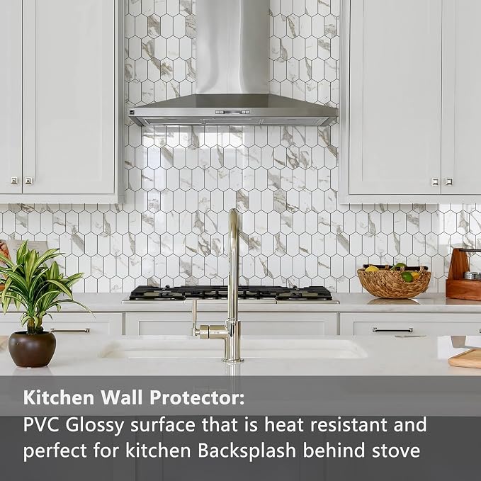 Vamos Tile Long Hexagon Peel and Stick Backsplash Tile - 10 Sheets Stick on Backsplash for Kitchen and Bathroom 12.4 x 12 Inch Glossy White Marble with Gold Veining PVC Self Adhesive Mosaic Wall Tiles - Image 5