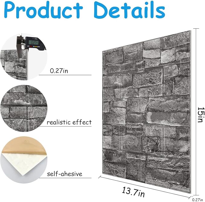 GrGreymond Faux Brick Wall Panels, 40 PCS, Grey | 3D Wall Panels Peel and Stick, XPE Foam 3D Wallpaper, Self-Adhesive Faux Stone Wall Panels for Bedroom, Stairs, Kitchen - Image 2