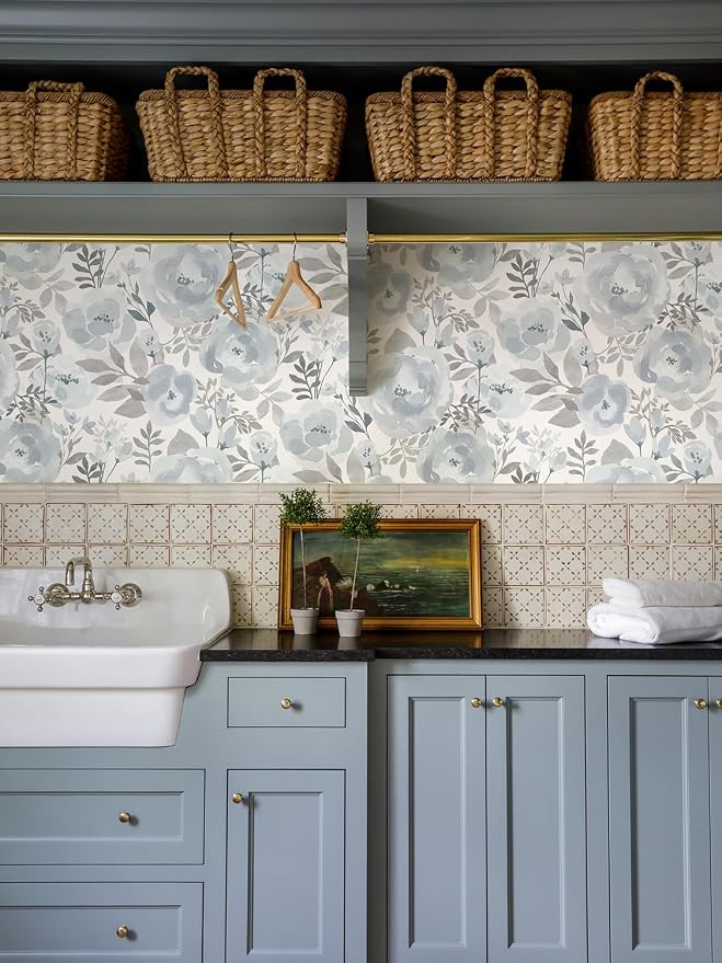 Orainege Floral Wallpaper Peel and Stick Wallpaper Removable | 17.3inx196.8in Self Adhesive Wall Paper Boho Contact Paper Decorative Wallpaper for Bedroom Bathroom Decor Vinyl,Blue - Image 2