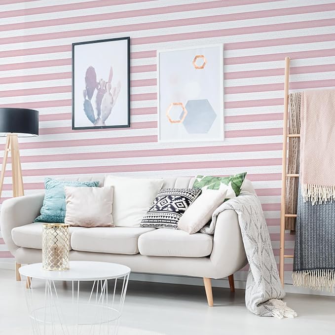 Striped Pink and White Wallpaper Peel and Stick Boho Silver Stripe Textured Contact Paper 15.7"x118" Self Adhesive Removable Waterproof Wallpaper for Bedroom,Cabinets,Drawer Liners - Image 8