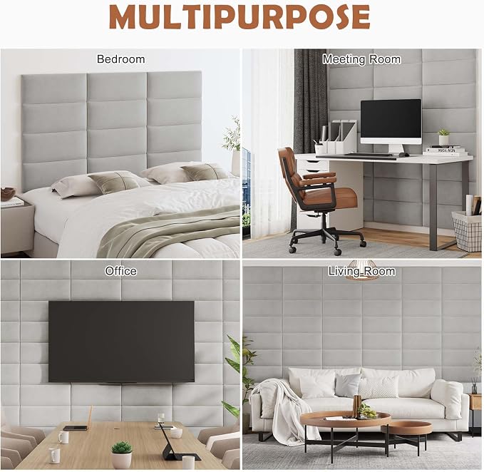 IFNOW Wall Mounted Headboard, Peel and Stick Panels, Light Grey, Queen | Upholstered 3D Soundproof Acoustic Panels, Reusable and Removable, Padded Leather Bed Headboard, 6 Panels, 9.84" x 23.62" - Image 7