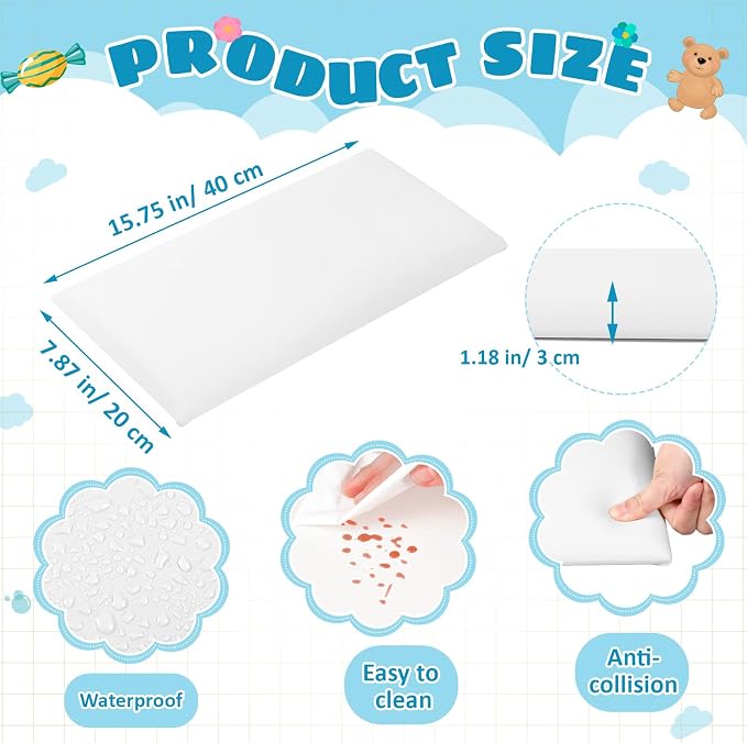Hahafelt 8 Pack Wall Padding for Playroom Peel and Stick Headboard 15.75" x 7.87" x 1.18" 3D Anti Collision Upholstered Wall Panels Self Adhesive Headboard Panel for Protection (White Colors) - Image 2