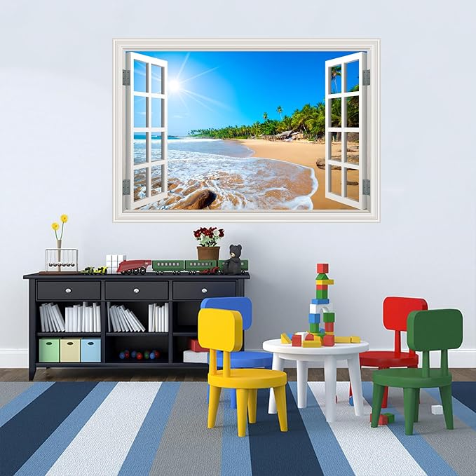 Fake Window Wall Decal- Summer Beach Seascape Coast Open Wall Art Sticker | Faux Window Tropical Ocean Natural Landscape Mural｜ Stick and Peel Wall Decals｜for Room Office Decor｜48"x32",Set of 2 Sheets - Image 5