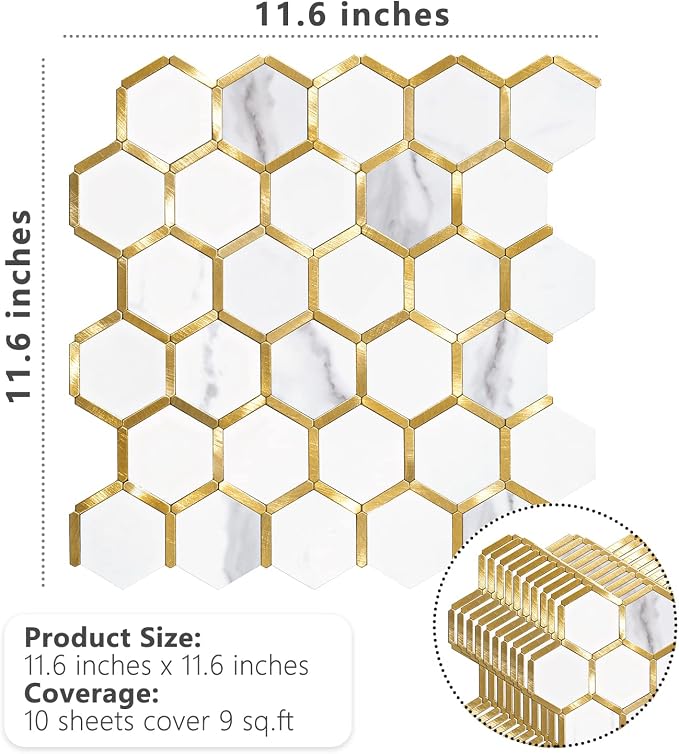 STICKGOO Hexagon Peel and Stick Backsplash Tile, Stick on Backsplash for Kitchen and Bathroom, White Marble Look PVC Mixed Metal Gold Self Adhesive Metal Mosaic Tiles(6 Sheets, Seamless) - Image 6